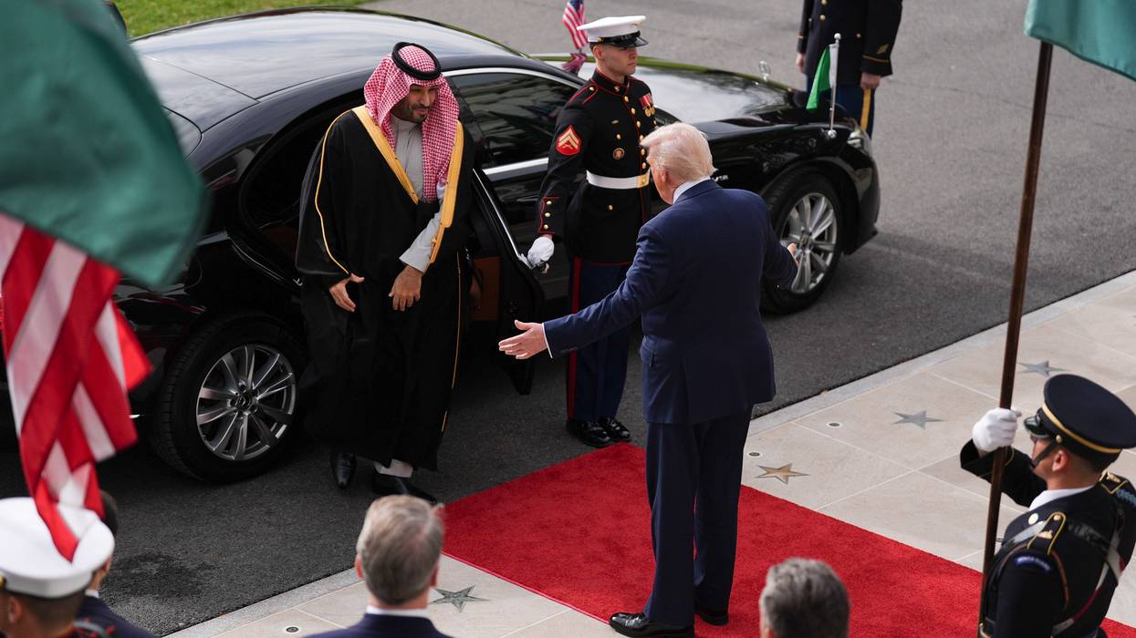 US President Donald Trump greets Saudi Crown Prince Mohammed bin Salman