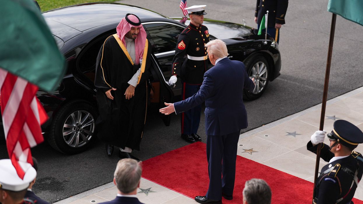 US President Donald Trump greets Saudi Crown Prince Mohammed bin Salman
