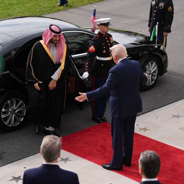 US President Donald Trump greets Saudi Crown Prince Mohammed bin Salman
