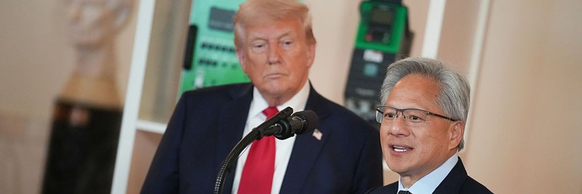 US President Donald Trump listens as Nvidia CEO Jensen Huang speaks