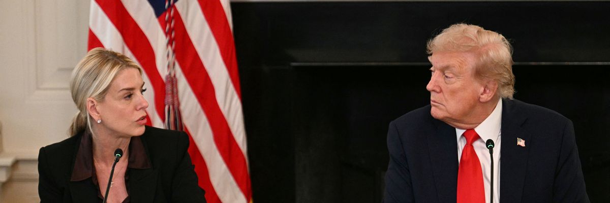 US President Donald Trump listens to Attorney General Pam Bondi