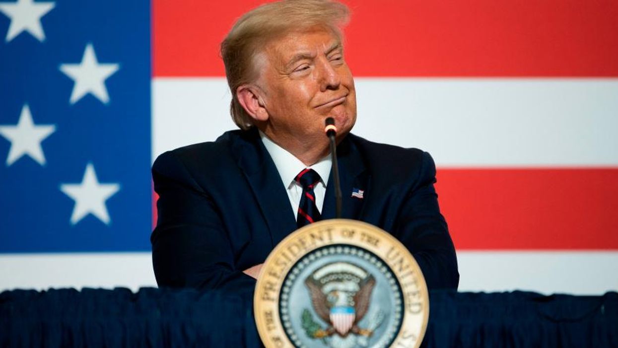 US President Donald Trump participates in a roundtable discussion on donating plasma at the American Red Cross National Headquarters on July 30, 2020 in Washington, DC