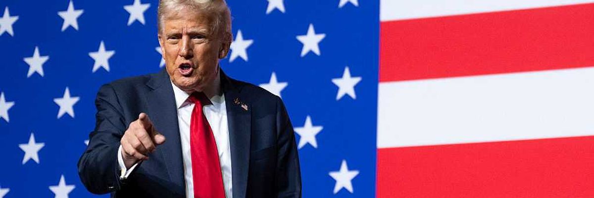 US President Donald Trump points to generals after his speech