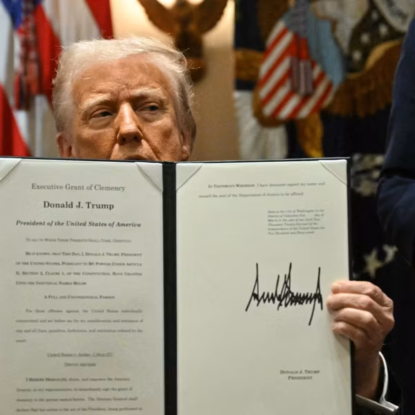 US President Donald Trump speaks after signing a pardon