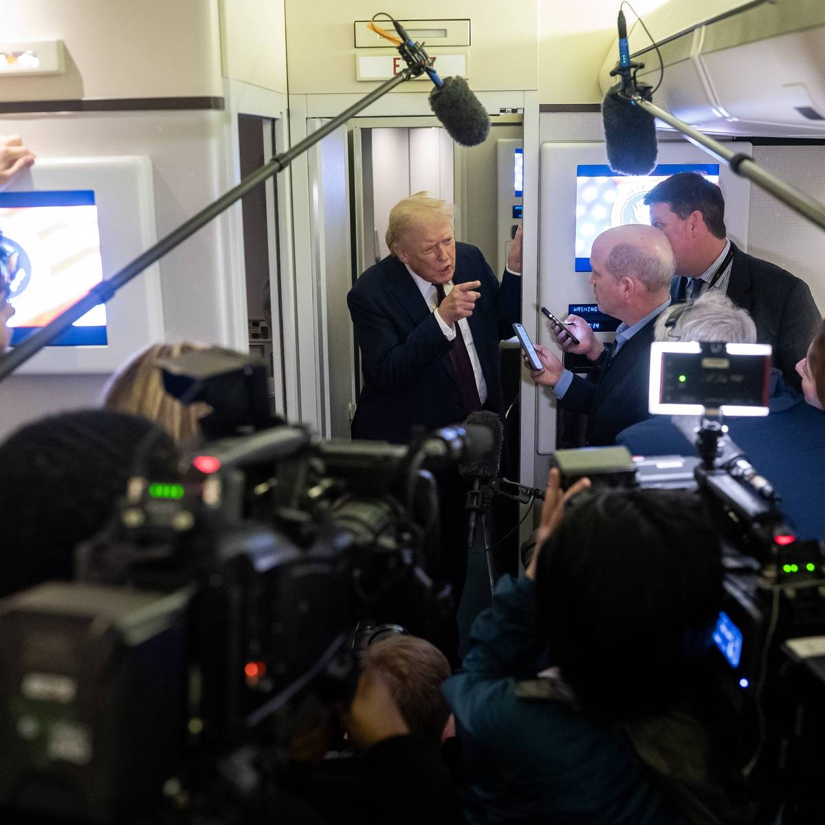 US President Donald Trump speaks to members of the media