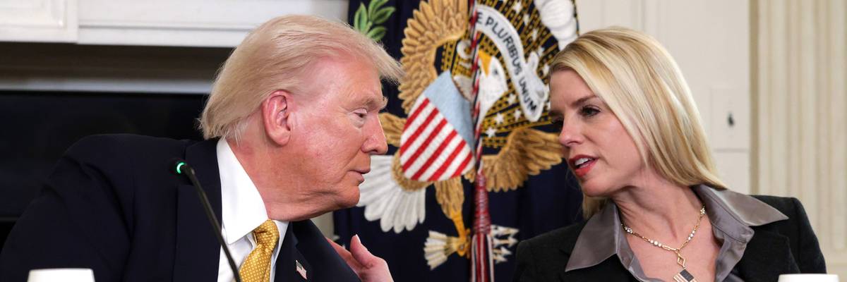 US President Donald Trump speaks with Attorney General Pam Bondi