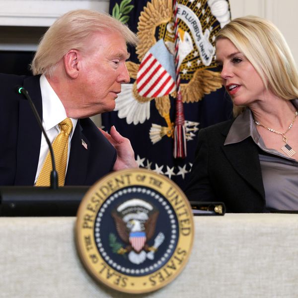 US President Donald Trump speaks with Attorney General Pam Bondi