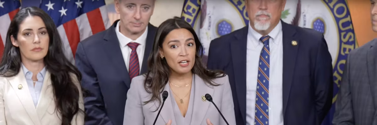 US Rep. Alexandria Ocasio-Cortez speaks at a press conference about the Restore Trust in Congress Act on September 3, 2025.