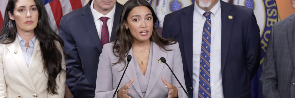 US Rep. Alexandria Ocasio-Cortez speaks at a press conference about the Restore Trust in Congress Act on September 3, 2025.