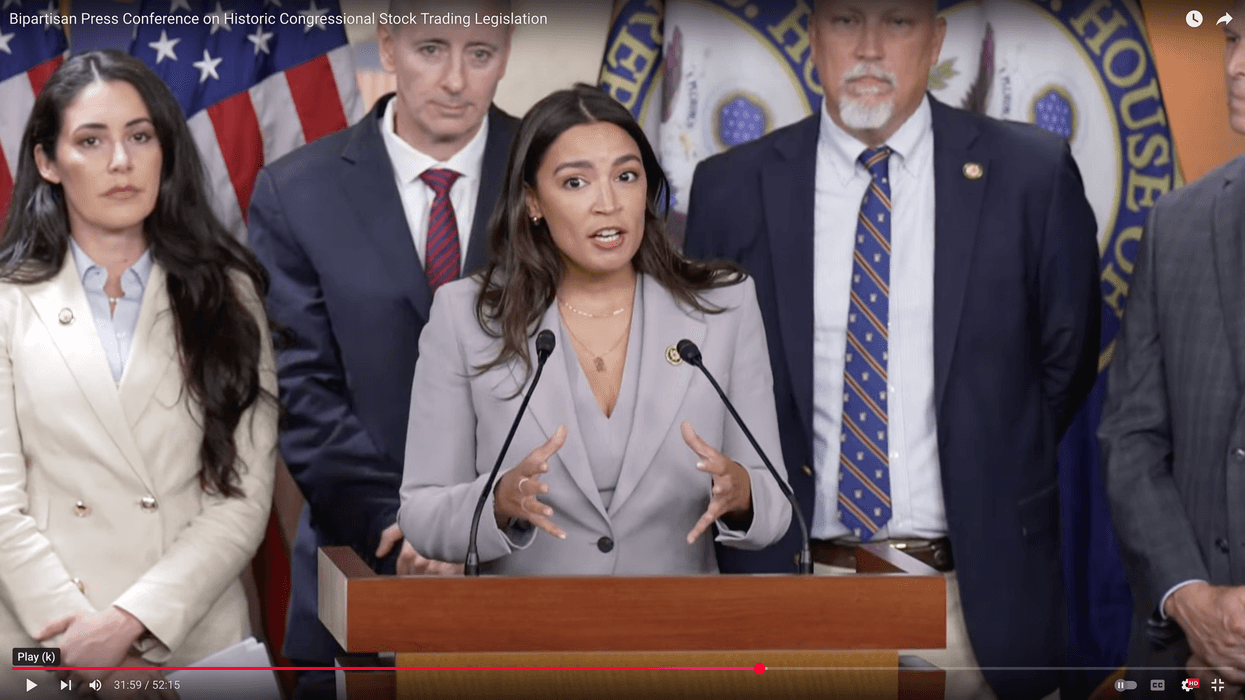 US Rep. Alexandria Ocasio-Cortez speaks at a press conference about the Restore Trust in Congress Act on September 3, 2025.