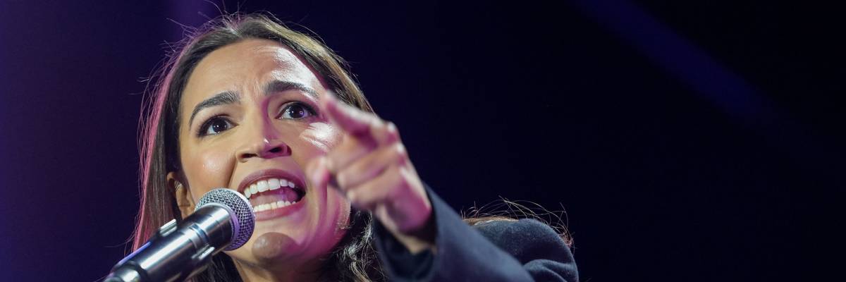 US Rep. Alexandria Ocasio-Cortez speaks at rally at Forest Hills Stadium
