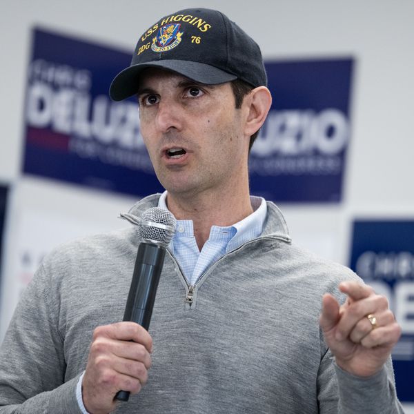 US Rep. Chris Deluzio (D-Pa.) in a a Navy hat