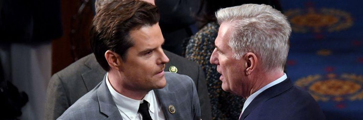 US Representative Kevin McCarthy (R-CA) speaks to US Representative Matt Gaetz (R-FL)