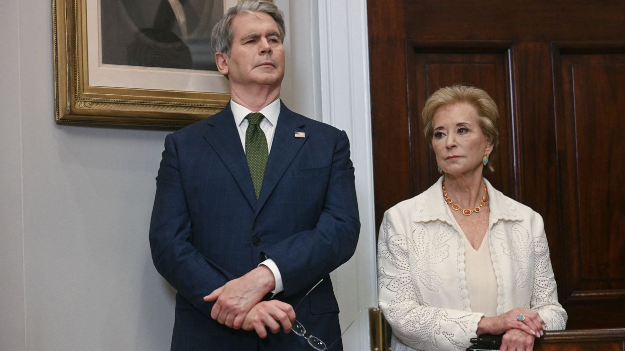 US Secretary of Education Linda McMahon and Treasury Secretary Scott Bessent