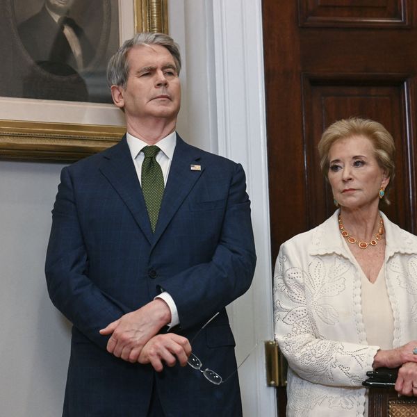 US Secretary of Education Linda McMahon and Treasury Secretary Scott Bessent