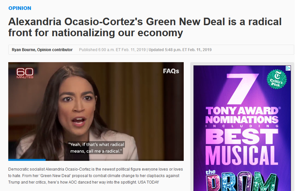 USA Today: Alexandria Ocasio-Cortez's Green New Deal Is a Radical Front for Nationalizing Our Economy