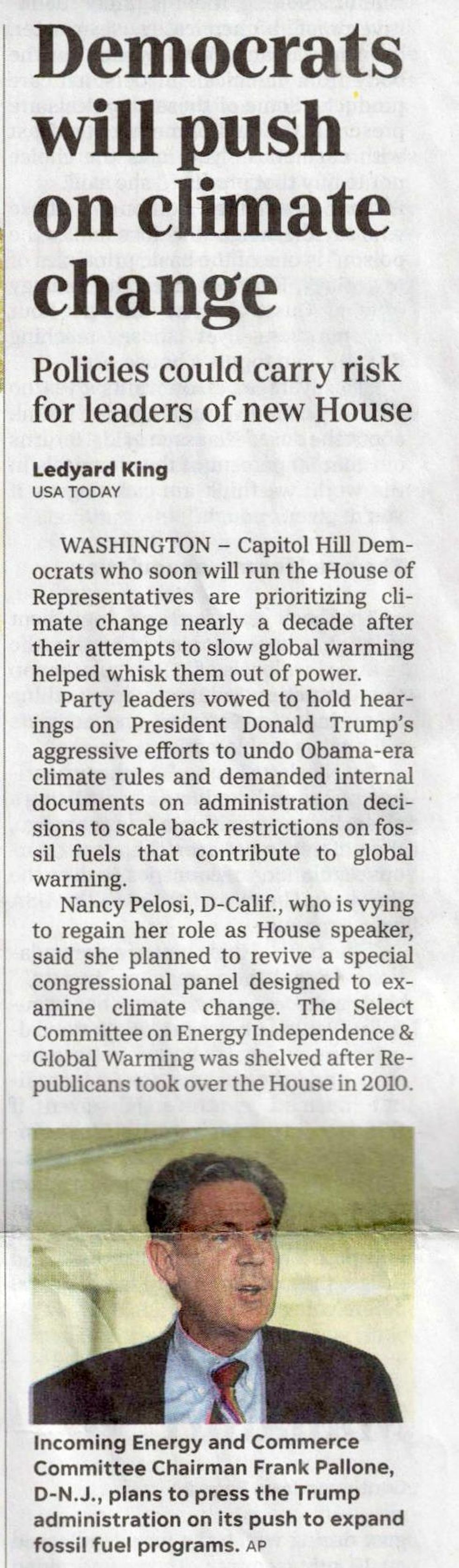 USA Today: Democrats Will Push on Climate Change