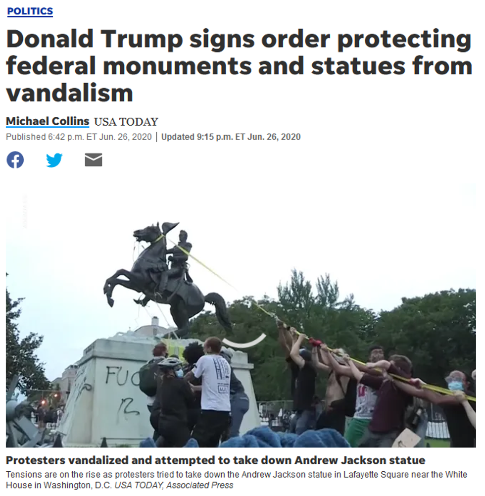 USA Today: Donald Trump signs order protecting federal monuments and statues from vandalism
