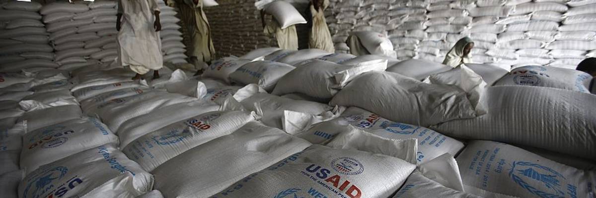USAID food sacks in a warehouse