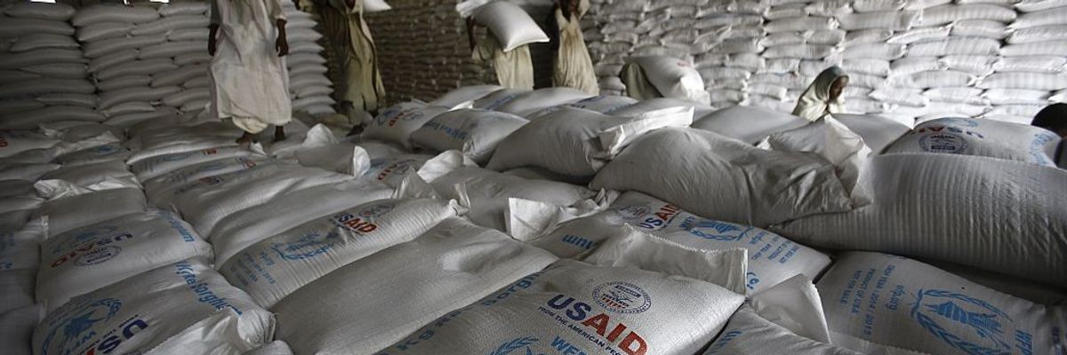 USAID food sacks in a warehouse