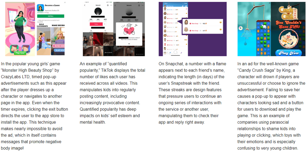 User-engagement tactics that manipulate kids (Source: Fairplay)