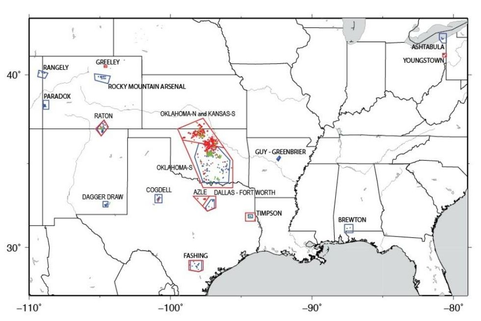 USGS research has identified 17 areas in the central and eastern United States with increased rates of induced seismicity. (Image: USGS)