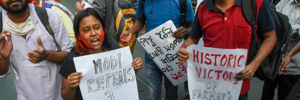 Various student unions took to the streets of Kolkata, India on November 19, 2021 to celebrate and congratulate the farmers on the retraction of farm laws against which they have been protesting for a year.