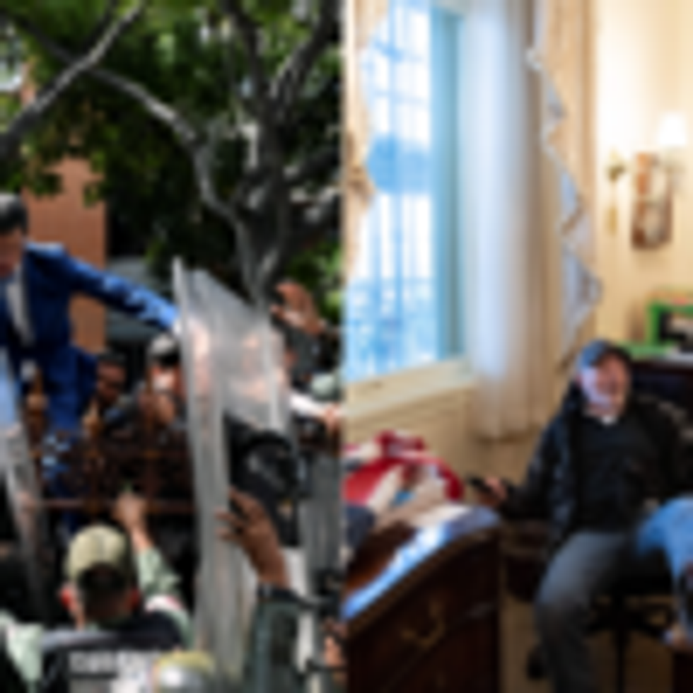 Venezuelan opposition leader and self-proclaimed acting president Juan Guaido climbs a railing in an attempt to reach the National Assembly building in Caracas, on January 5, 2020. A pro-Trump rioter sits at House Speaker Nancy Pelosi's (D-Calif.) desk after storming the grounds of the U.S. Capitol building in Washington, D.C. on January 6, 2021. (Photos: Federico Parra/AFP via Getty Images and Saul Loeb/AFP via Getty Images).