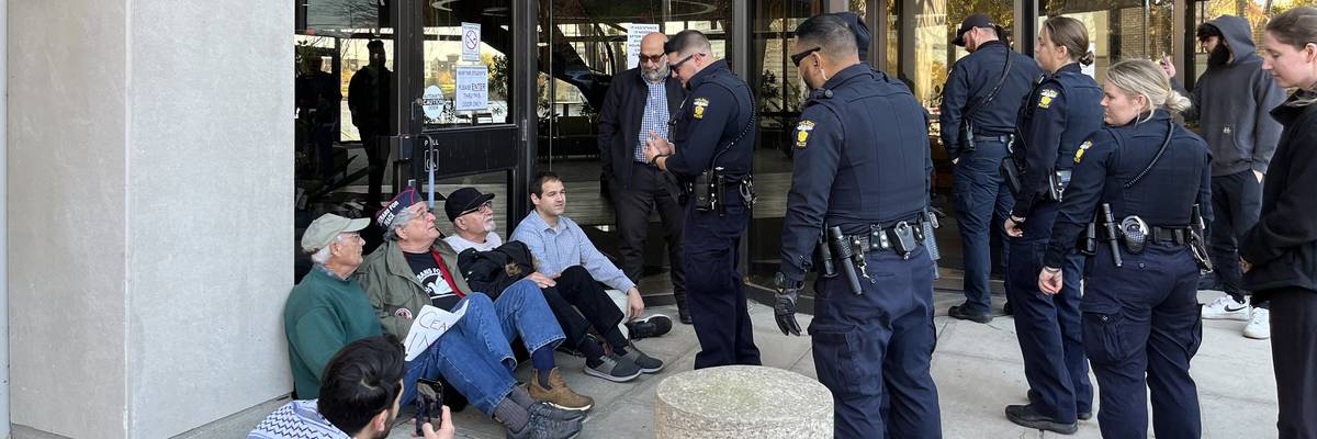 Veterans for Peace call for cease-fire in sit-down protest.