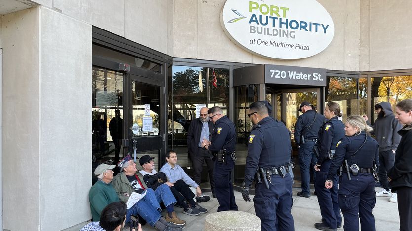 Veterans for Peace call for cease-fire in sit-down protest.