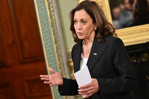 Vice President Kamala Harris speaks to reporters