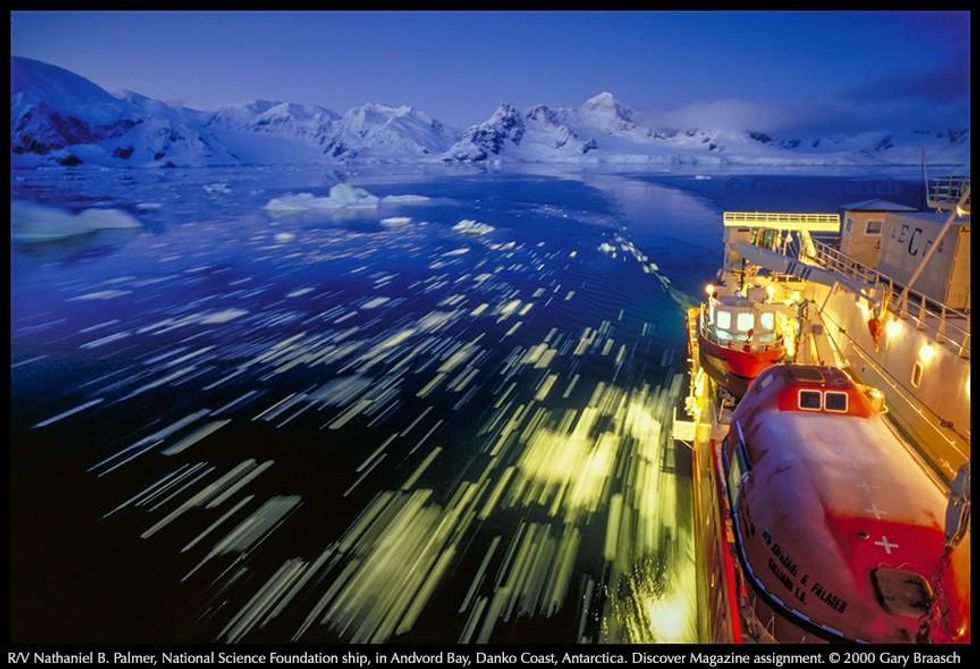 View from bridge along the R/V Nathaniel Palmer ice breaker, National Science Foundation, Antarctica, 1999. (Photo: Gary Braasch)
