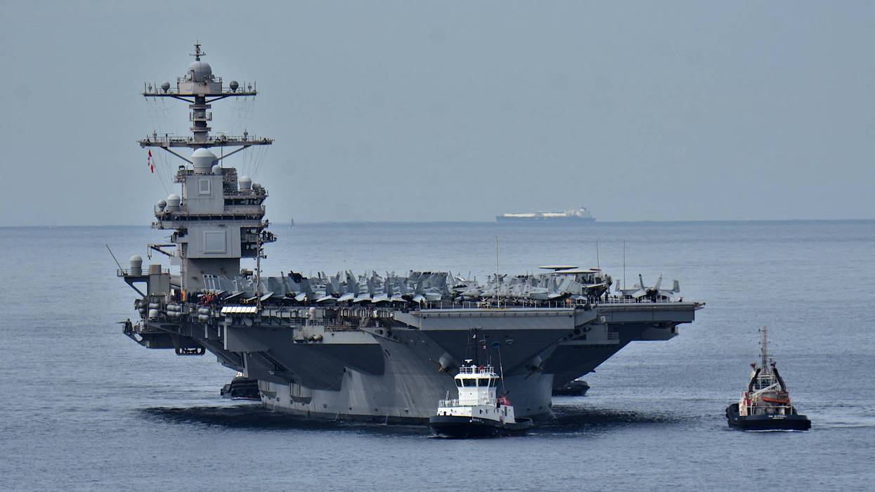 View of the aircraft carrier USS Gerald R. Ford arriving in...