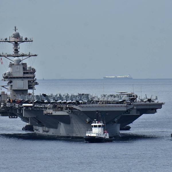 View of the aircraft carrier USS Gerald R. Ford arriving in...