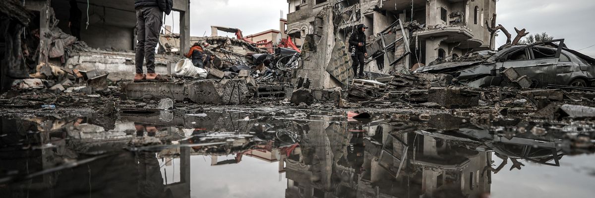 view of the heavily bombed Maghazi refugee camp in central Gaza.