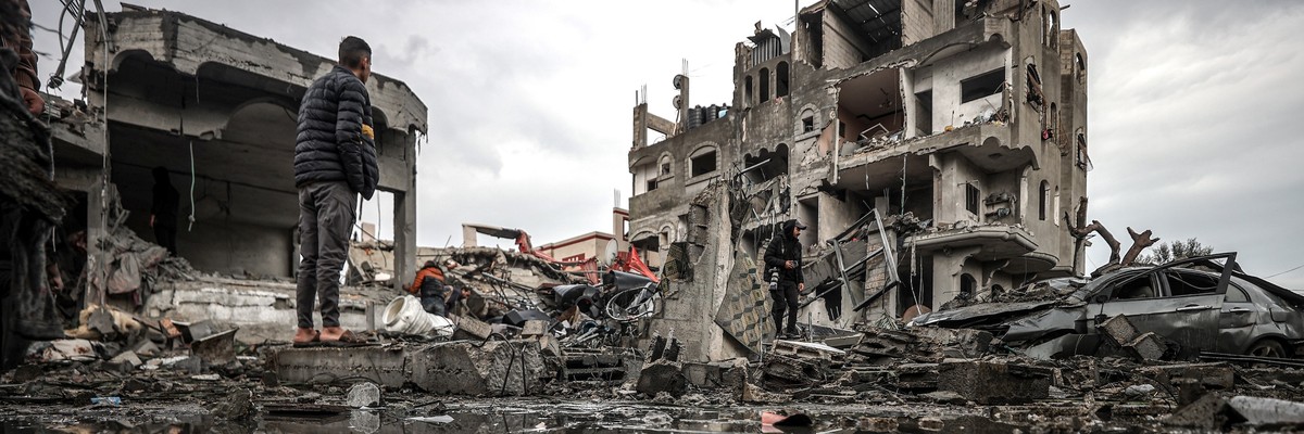 view of the heavily bombed Maghazi refugee camp in central Gaza.