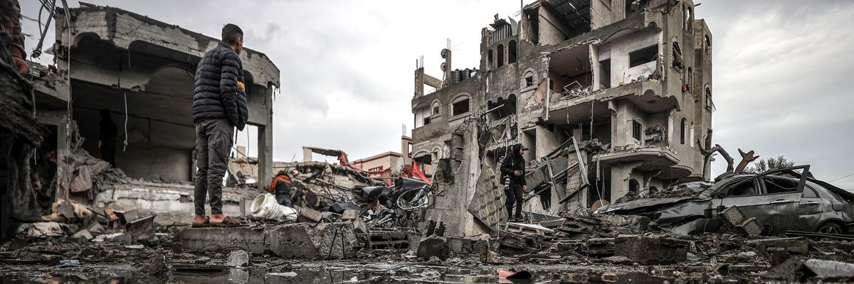 view of the heavily bombed Maghazi refugee camp in central Gaza. 