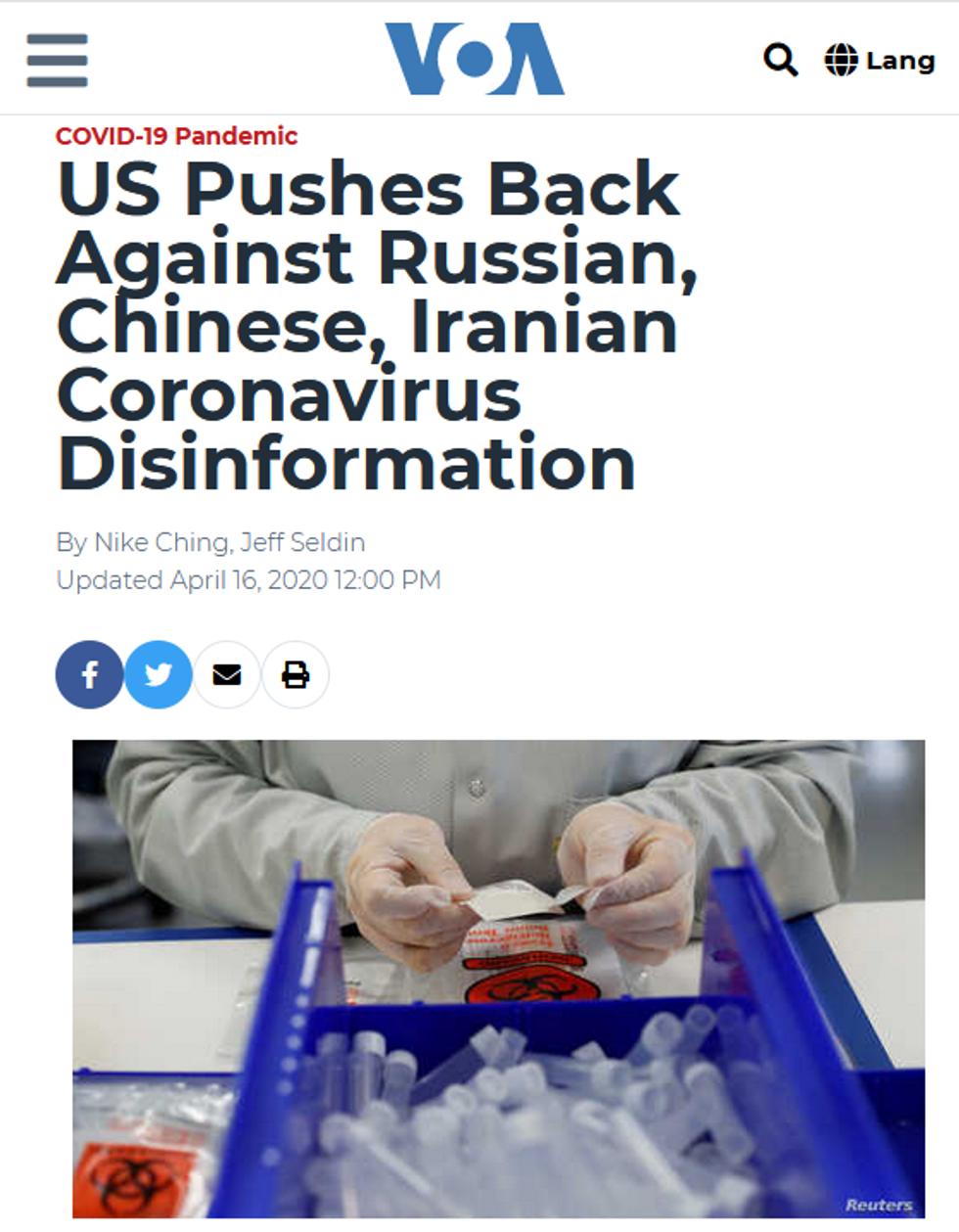 VOA::US Pushes Back Against Russian, Chinese, Iranian Coronavirus Disinformation