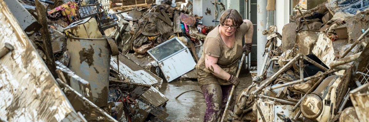 Volunteers and residents start the clean-up process in Bad Neuenahr-Ahrweiler, Germany on July 18, 2021, following severe flash flooding. (Photo: Thomas Lohnes via Getty Images)