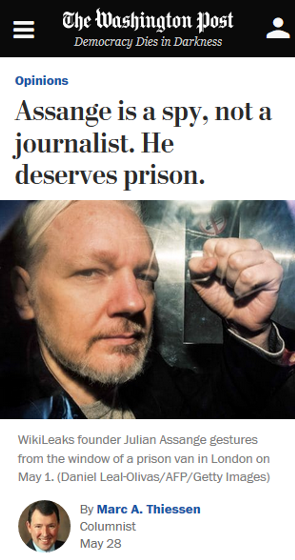 WaPo: Assange is a spy, not a journalist. He deserves prison.