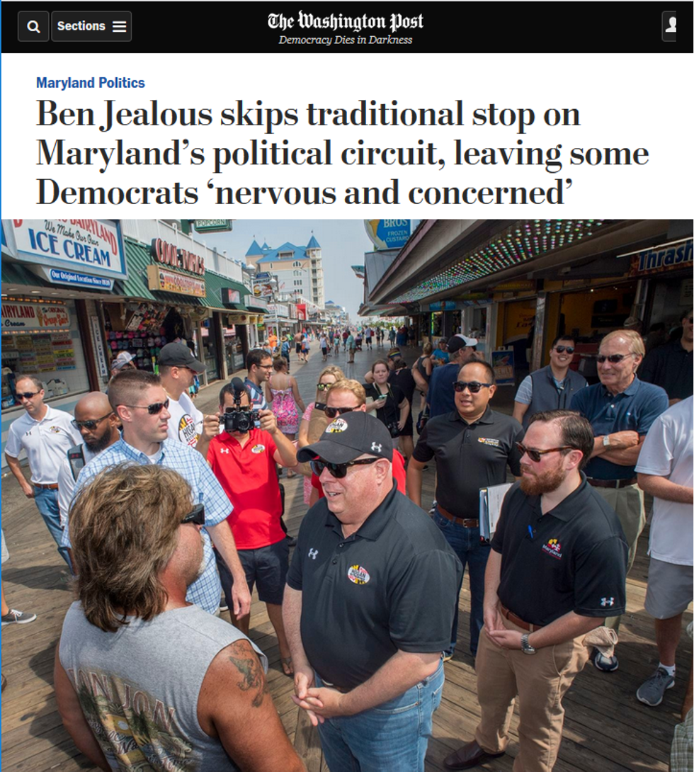 WaPo: Ben Jealous skips traditional stop on Maryland's political circuit, leaving some Democrats 'nervous and concerned'