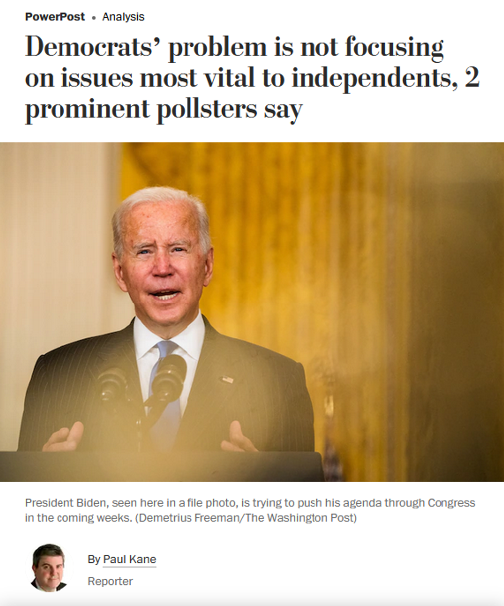 WaPo: Democrats' problem is not focusing on issues most vital to independents, 2 prominent pollsters say