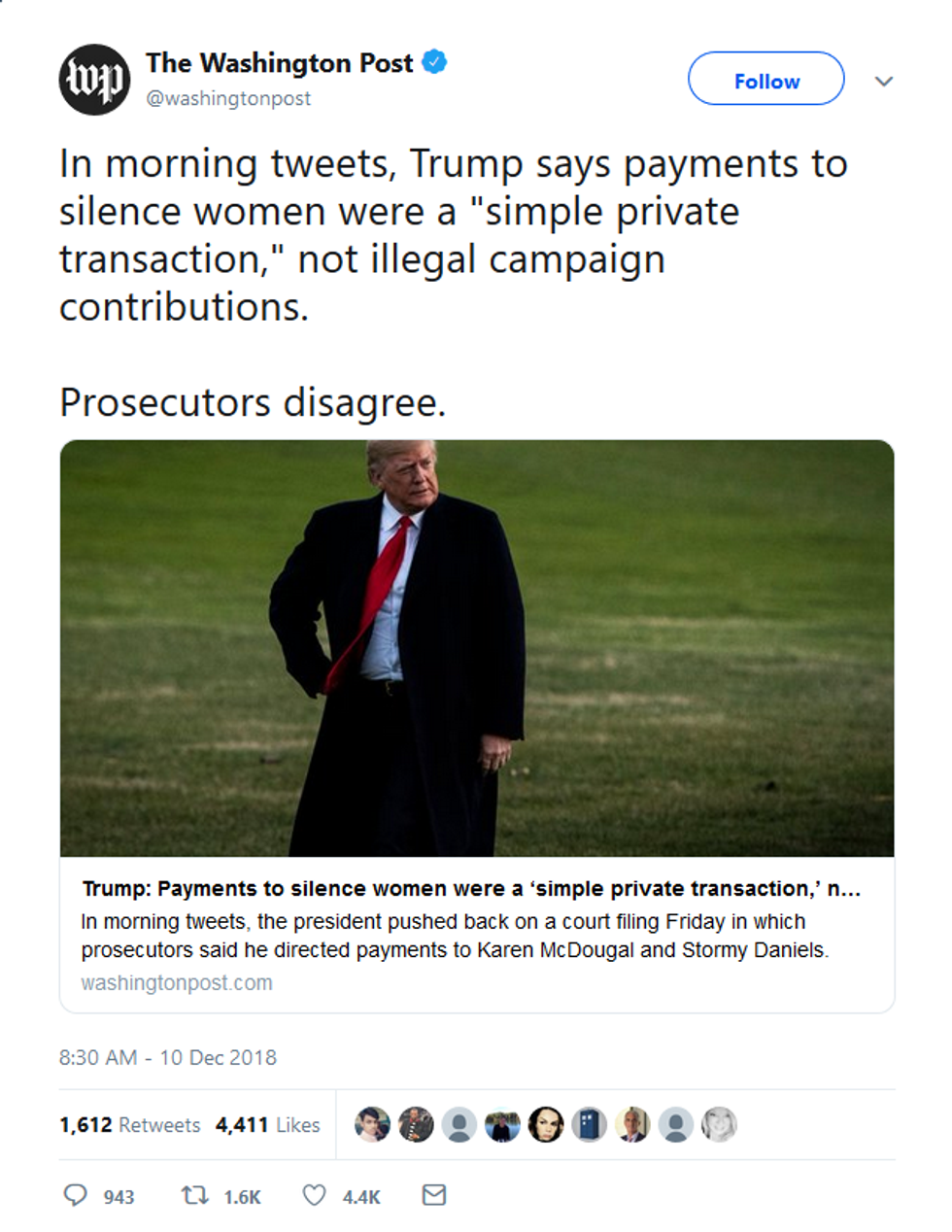 WaPo: In morning tweets, Trump says payments to silence women were a