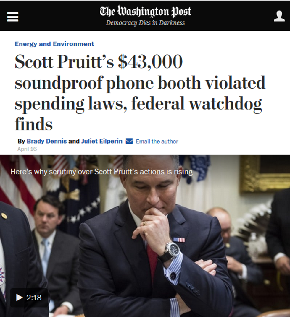 WaPo: Scott Pruitt's $43,000 soundproof phone booth violated spending laws, federal watchdog finds