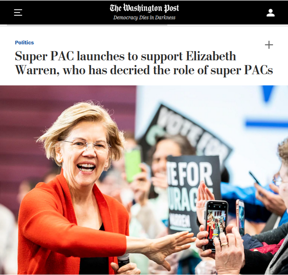 WaPo: Super PAC launches to support Elizabeth Warren, who has decried the role of super PACs