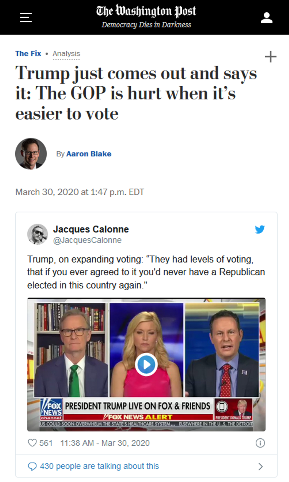 WaPo: Trump just comes out and says it: The GOP is hurt when it's easier to vote