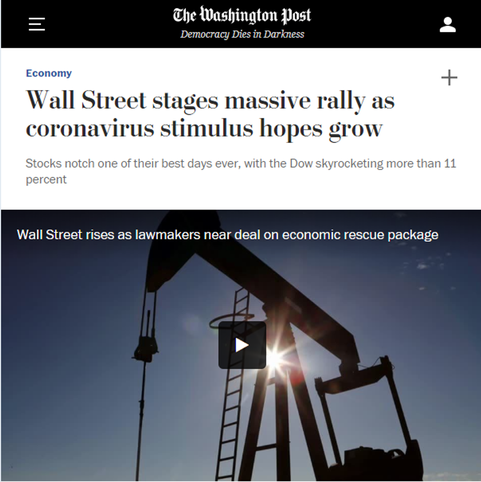 WaPo: Wall Street stages massive rally as coronavirus stimulus hopes grow