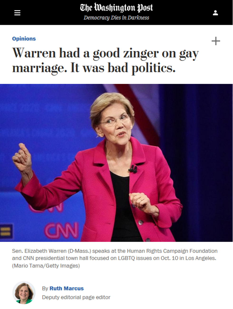 WaPo: Warren had a good zinger on gay marriage. It was bad politics.