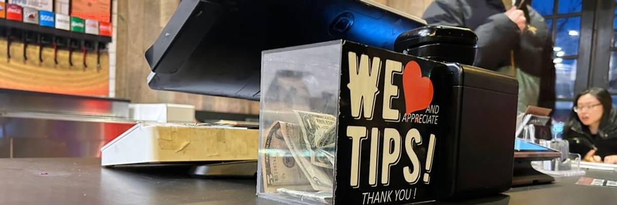 We appreciate Tips, Thank you, tips jar in Mighty Quinns BBQ restaurant, Queens, New York
