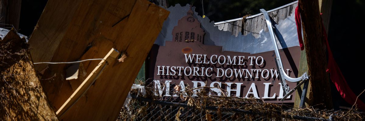 Welcome to Marshall sign destroyed in Hurricane Helene.